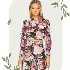Misa Los Angeles Silvana Cropped Burgundy Blouse Top in Flora Tropical- Size XS